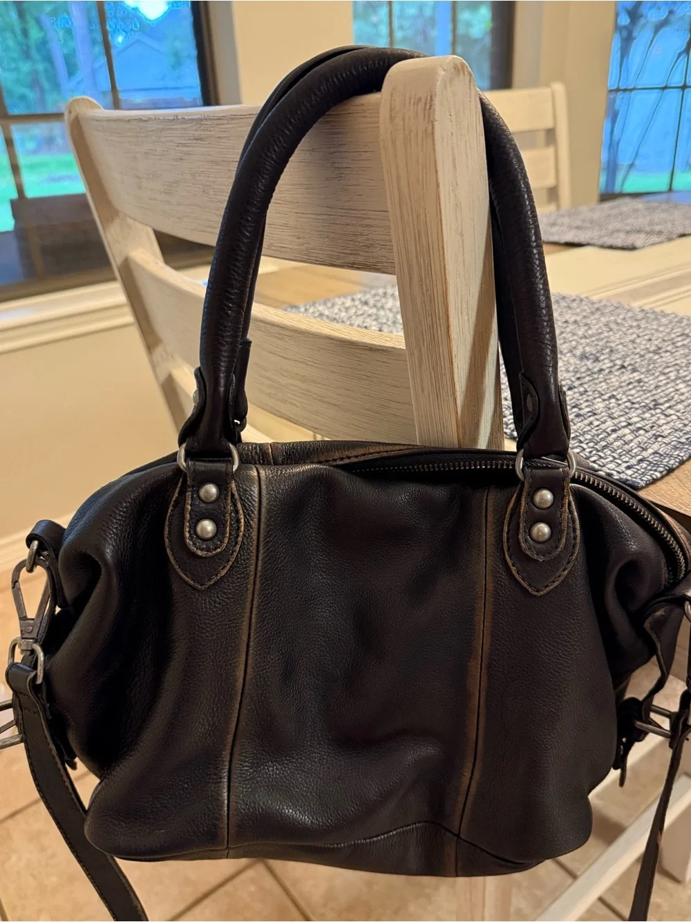 Free People Black Leather Satchel with Front Zipper Pocket